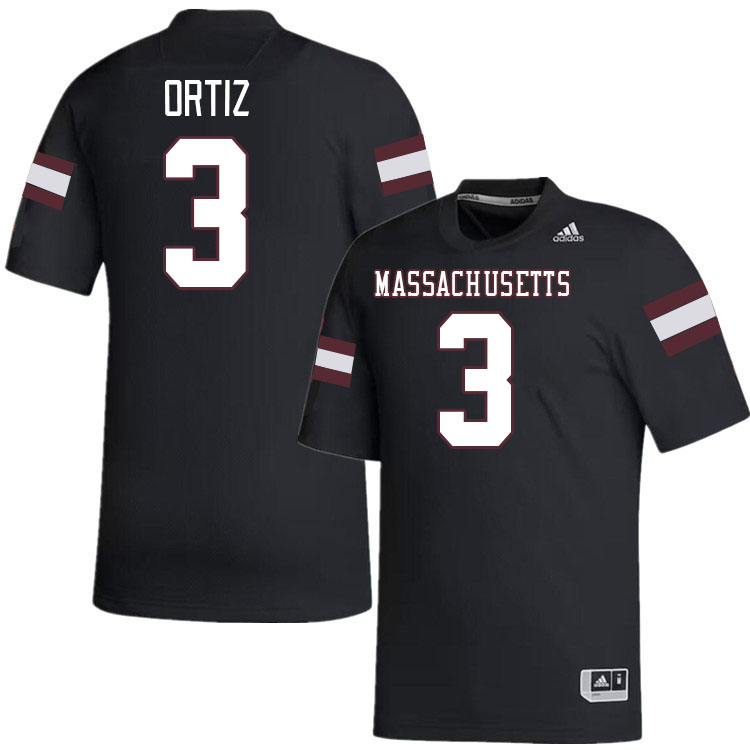 Massachusetts Minutemen #3 Steven Ortiz College Football Jerseys Stitched-Black